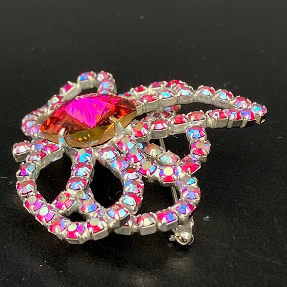 Fuchsia Pink Aurora Borealis Ravioli Rhinestone Flower Brooch - Picture 7 of 12